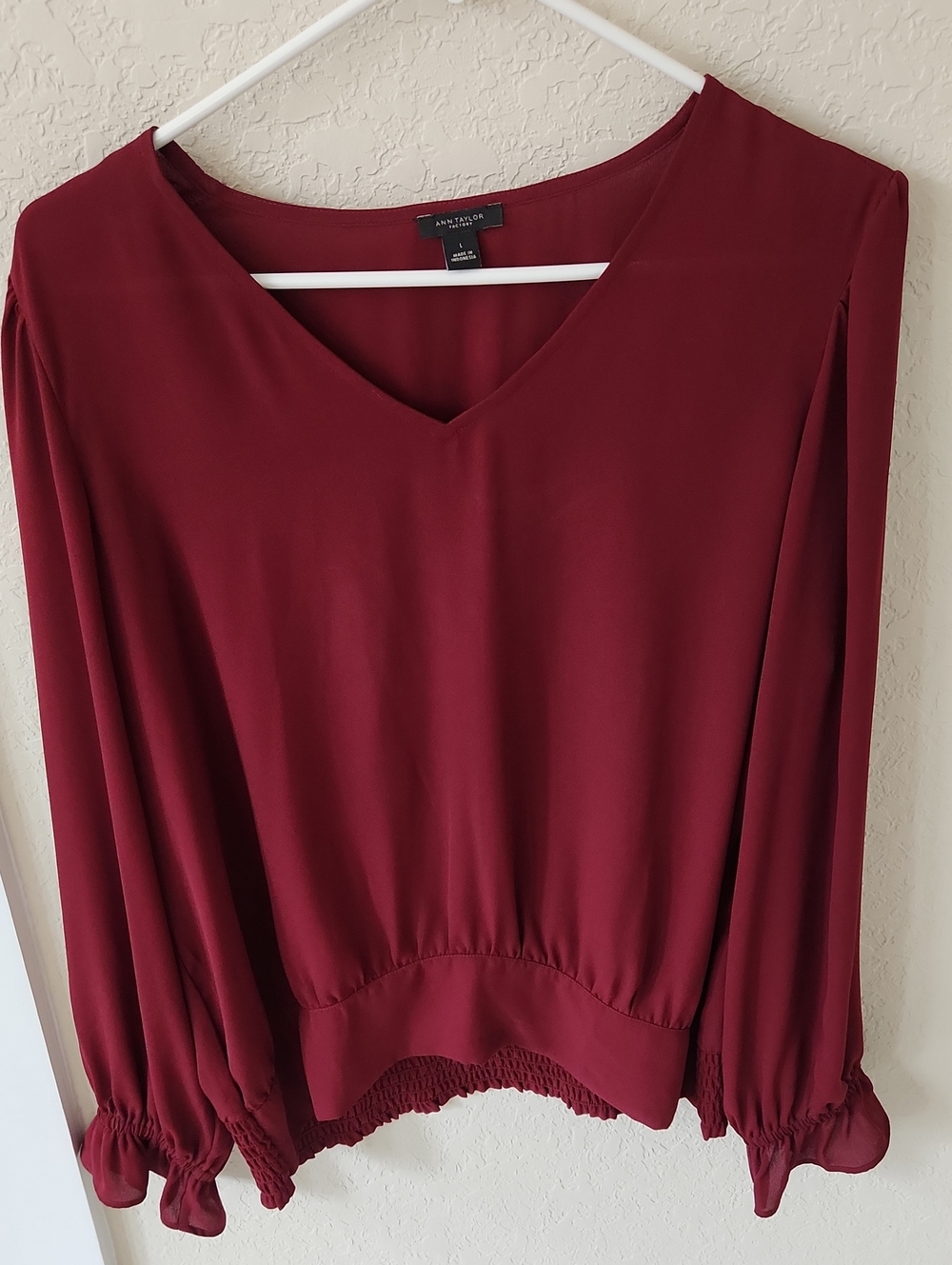 Ann Taylor Factory Deep Burgundy V-Neck Long Sleeve Blouse